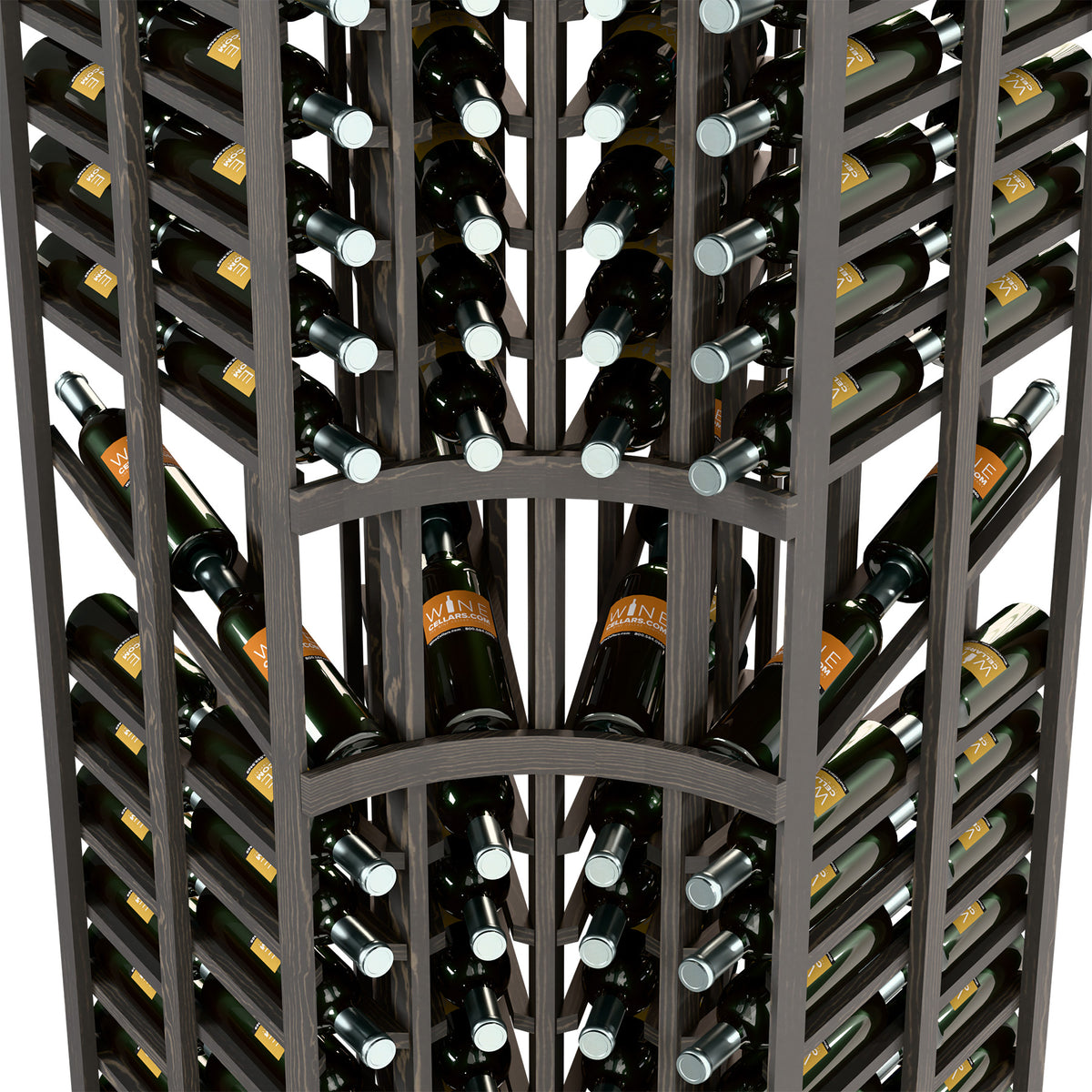 Close-up of dark wine bottle rack showing double-deep rows and round bottle neck supports