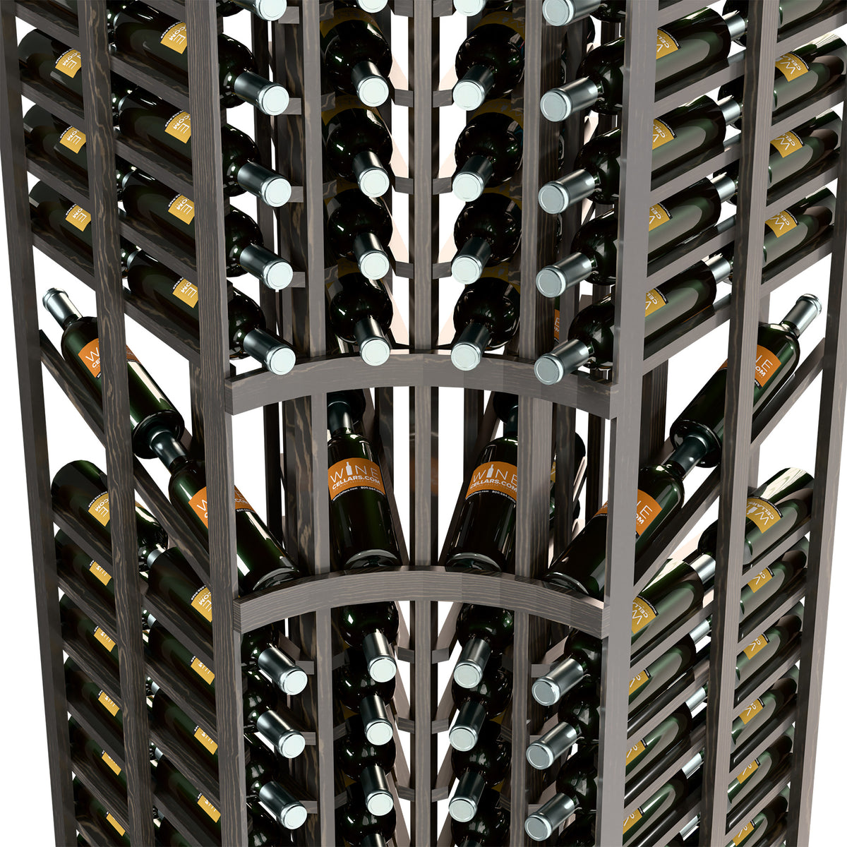 Close view of dark wine bottle rack interior with multiple rows and round bottle holders