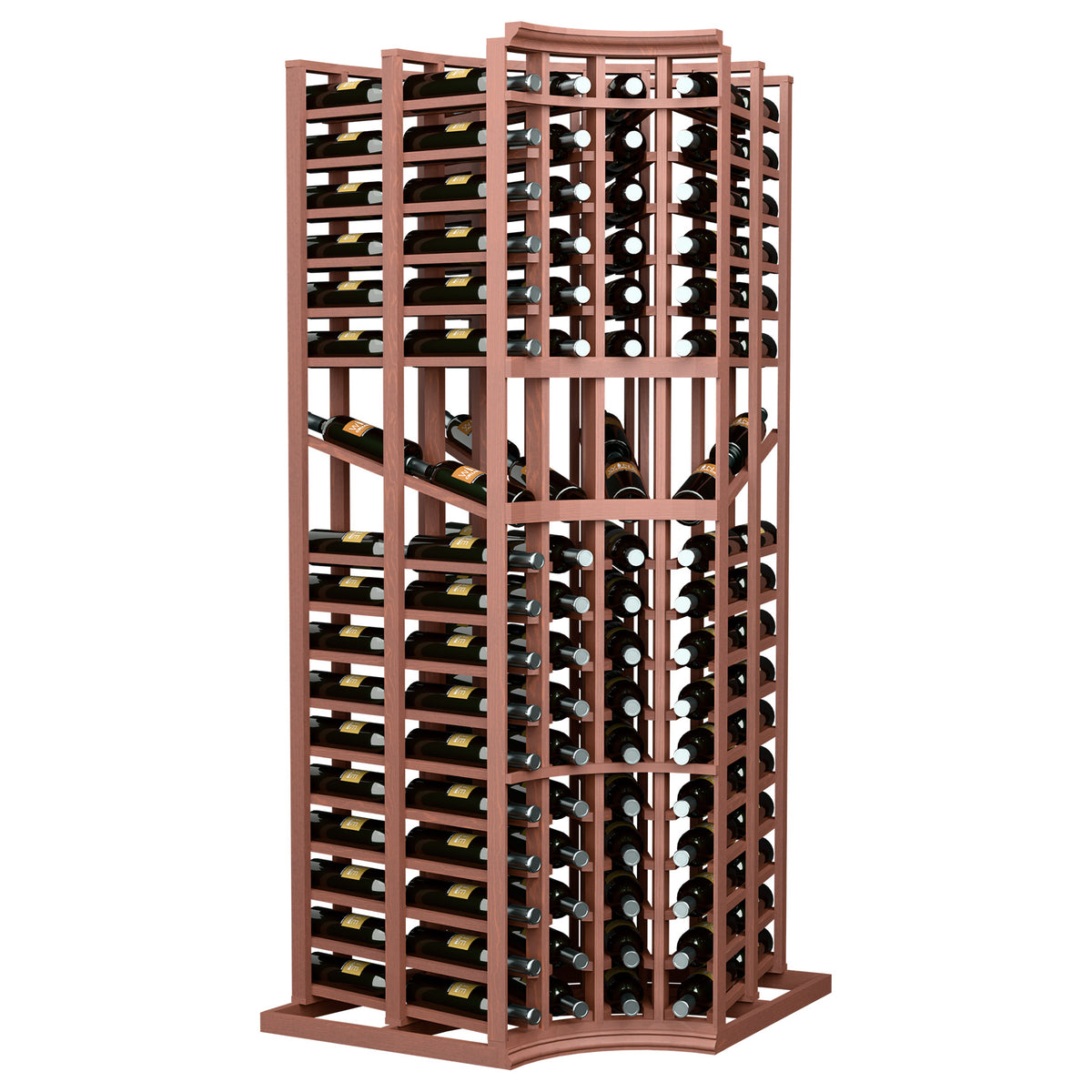 Wood wine bottle display rack with curved corner, 4 columns, double-deep bottle slots
