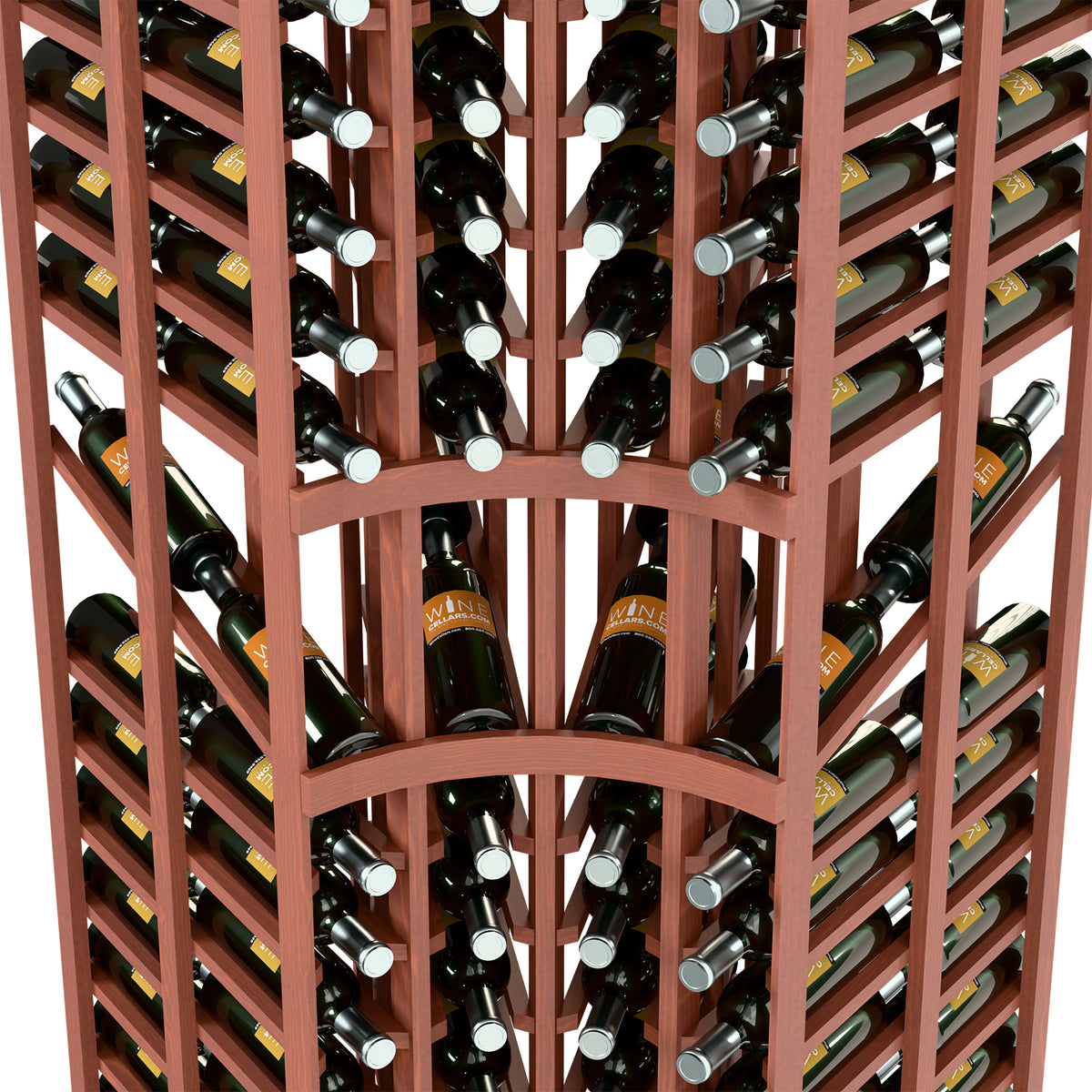 Close-up of wood wine bottle rack with double-deep rows and round bottle neck supports
