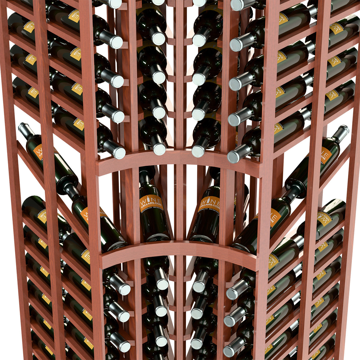 Interior view of wood wine bottle rack showing multiple rows and round bottle holders