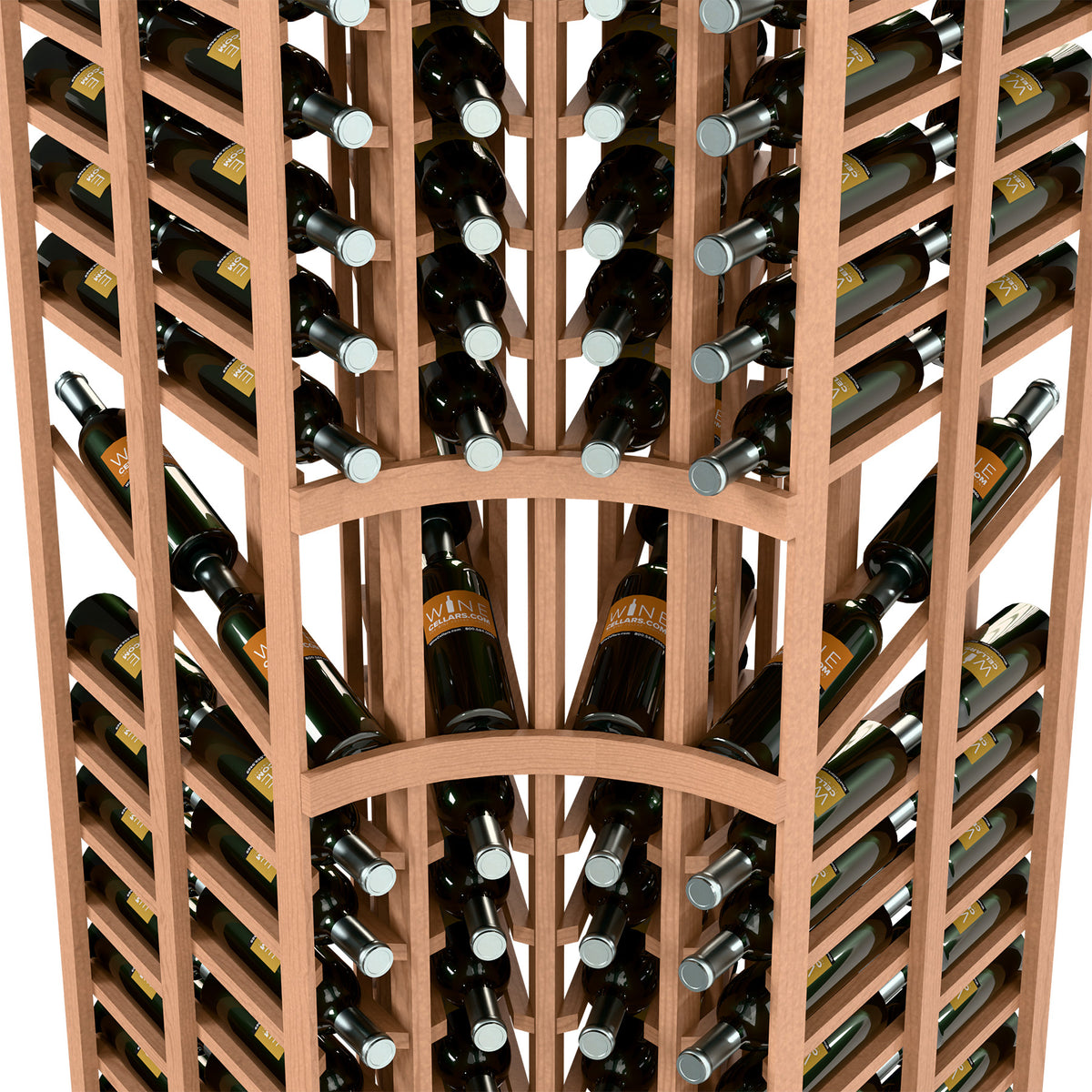 Close-up of wood wine bottle rack interior with double-deep rows and round bottle neck holders