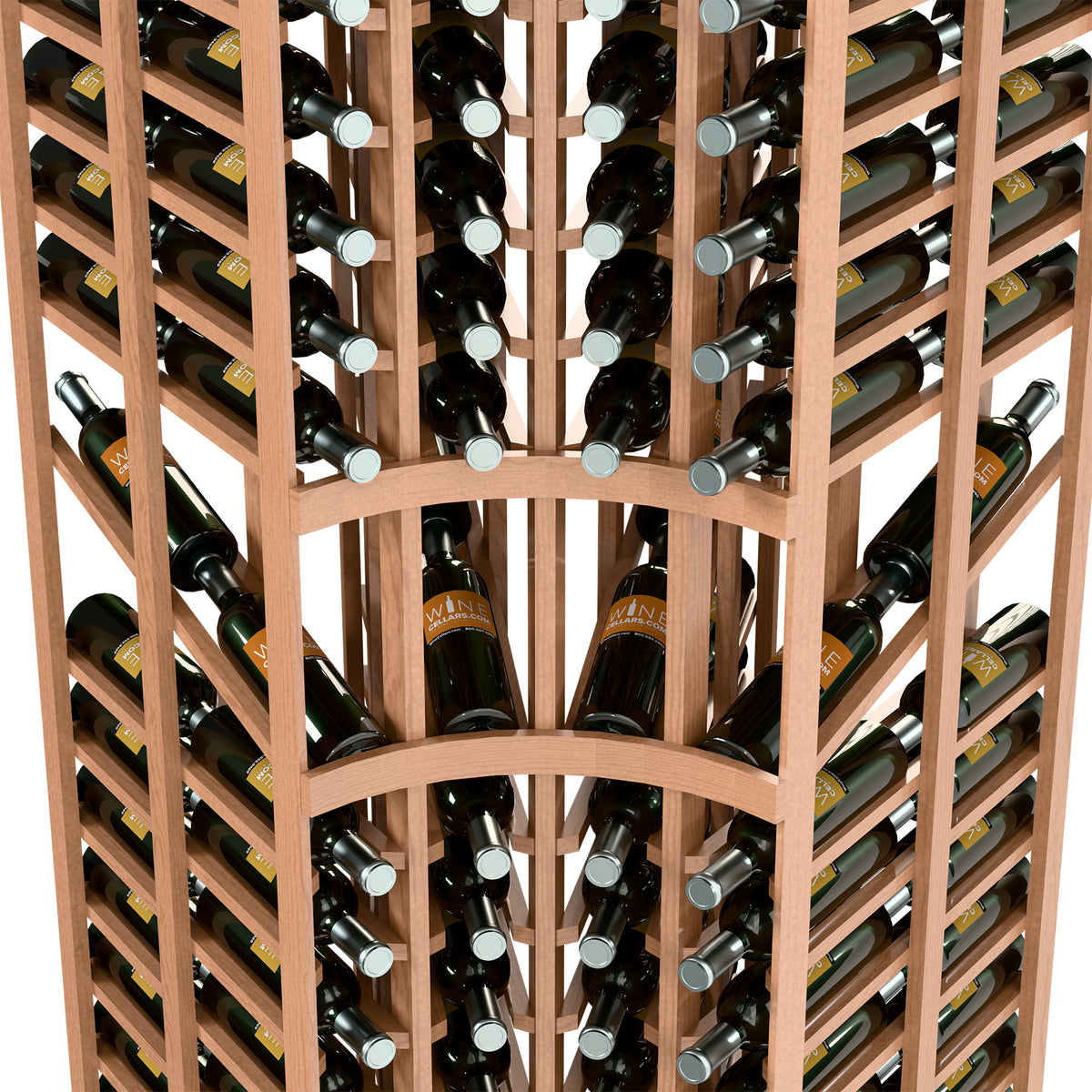 Close-up of wine bottle display rack with curved corners and double-deep slots