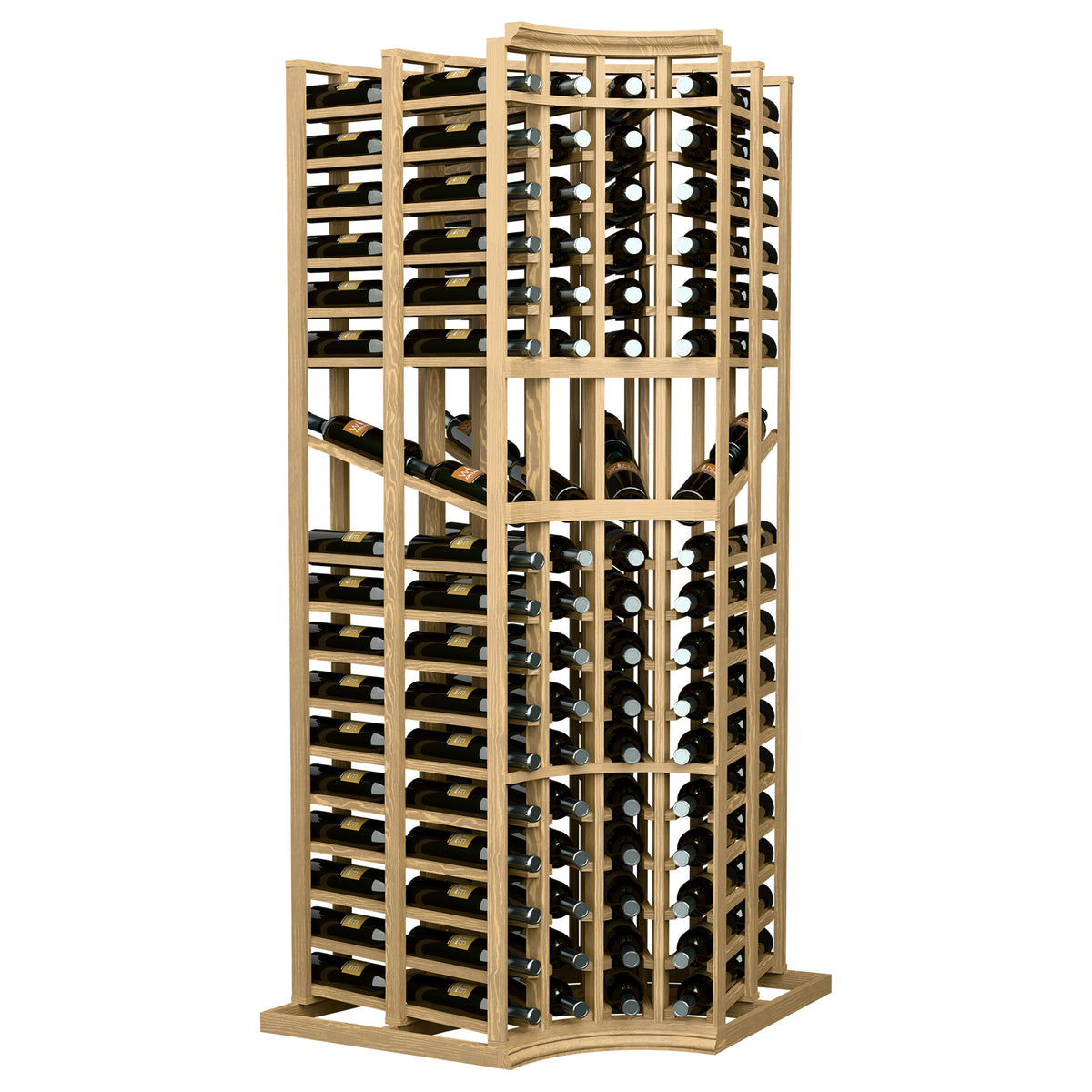 Wine display rack with curved corner design, double-deep storage, light wood frame