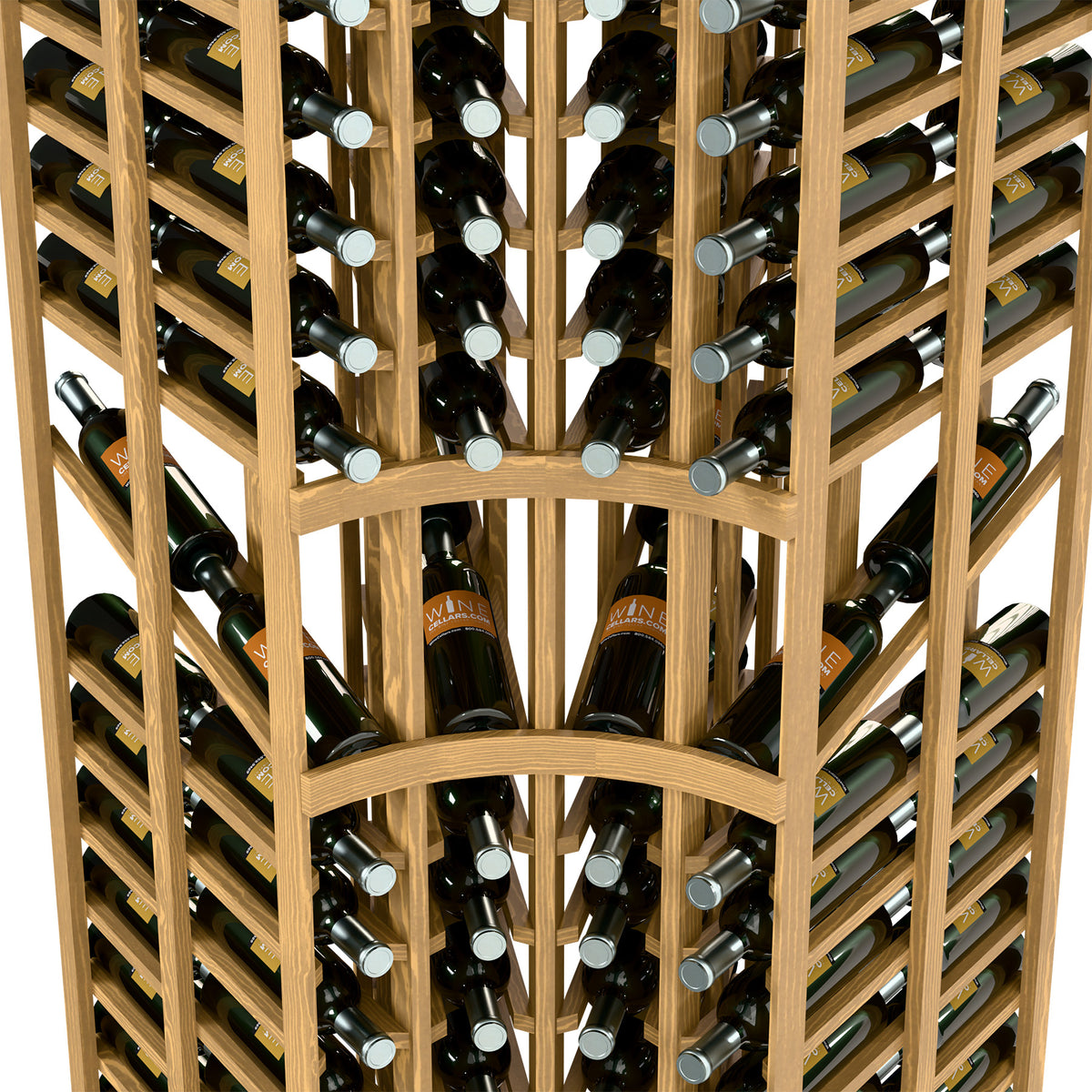 Wine rack close-up showing double-deep bottle rows in light wood frame