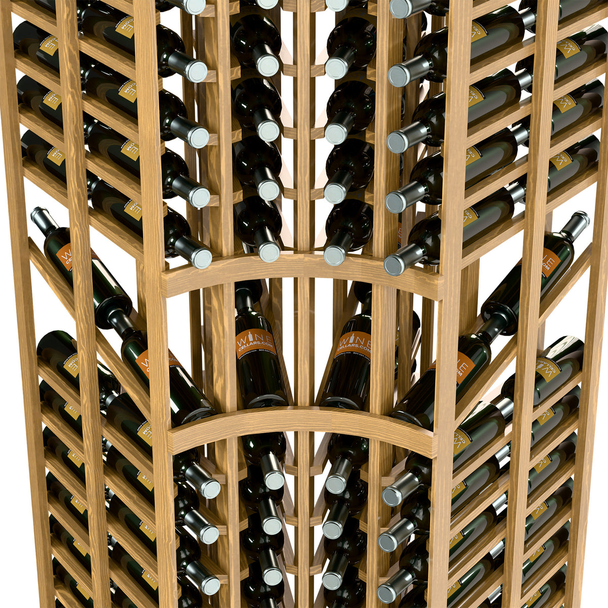 Front view close-up of wine rack with double-deep bottle slots, light wood frame