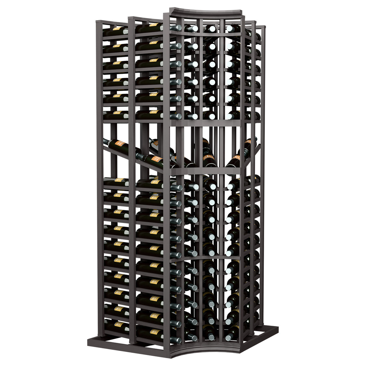 Wine display rack with curved corners, double-deep bottle slots, dark wood frame