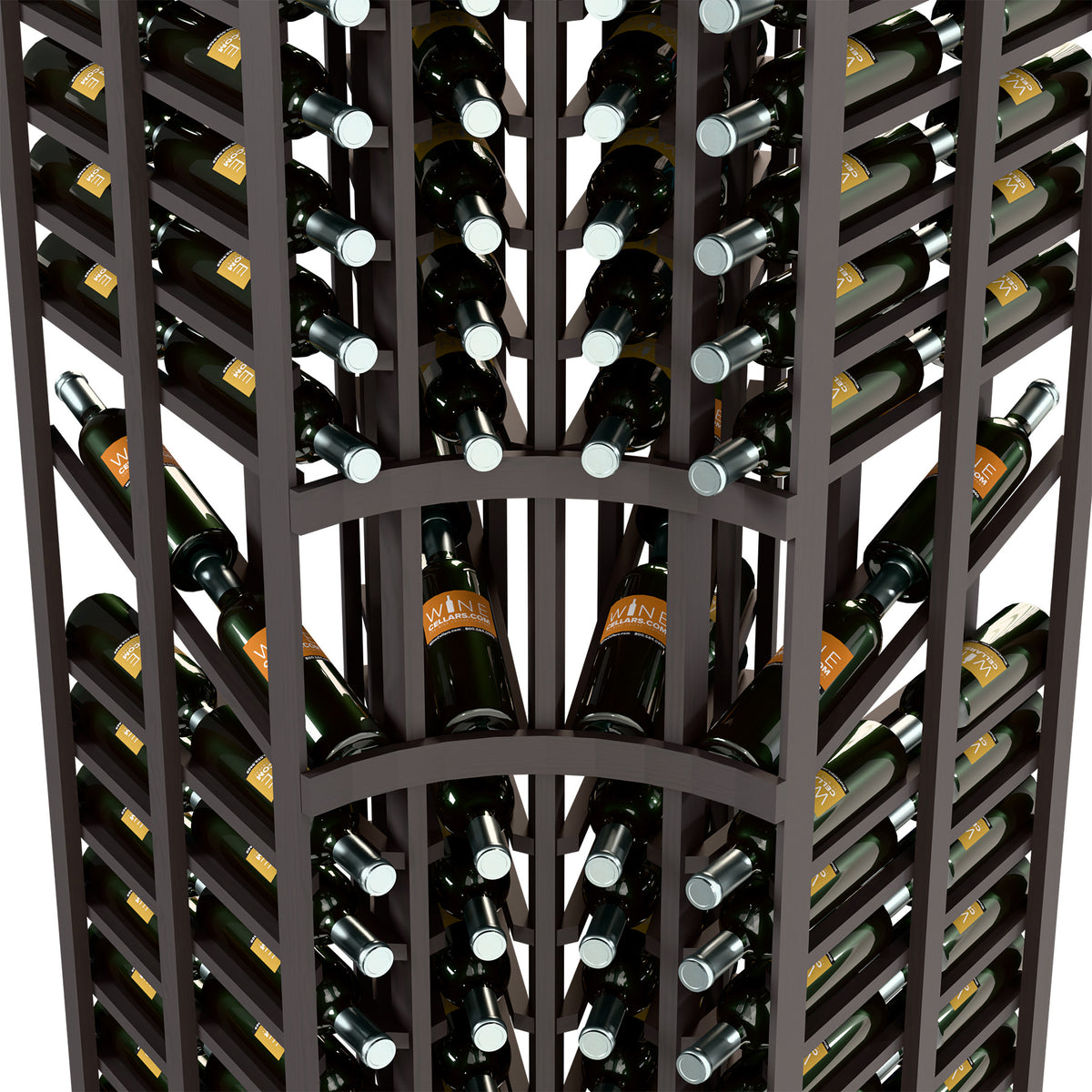 Close-up of dark wine bottle display rack with curved corners and double-deep slots