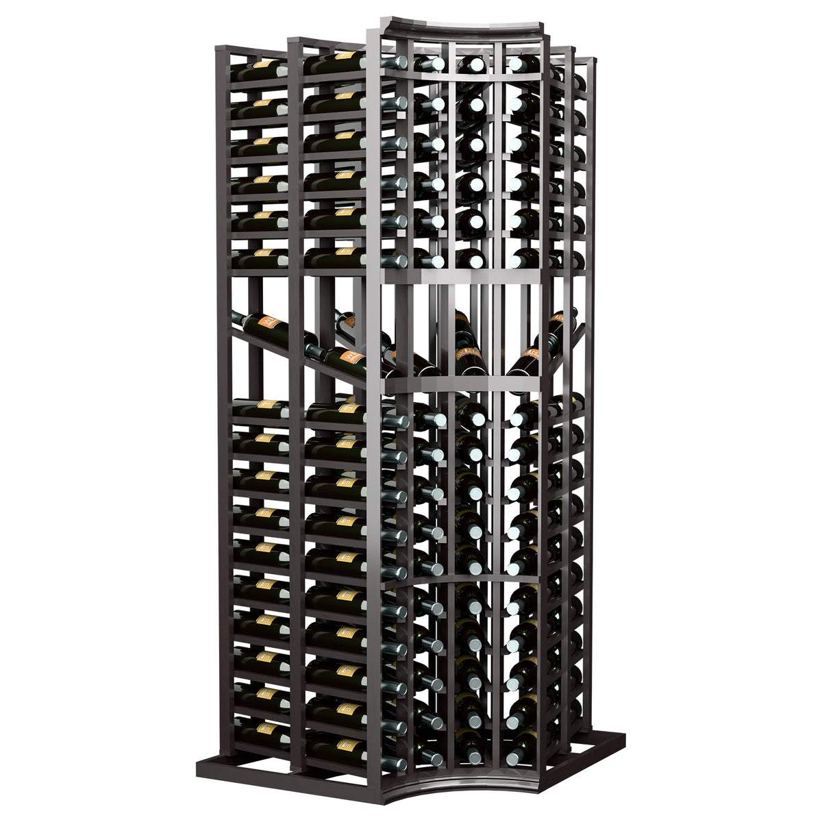 Freestanding wine rack with curved corner design, double-deep bottle storage, dark frame