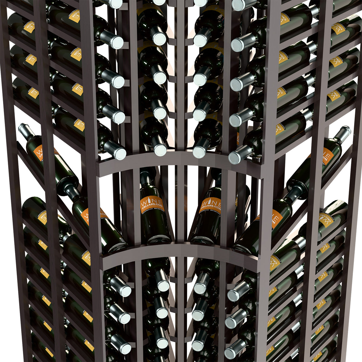 Front view close-up of dark wine rack with double-deep bottle slots