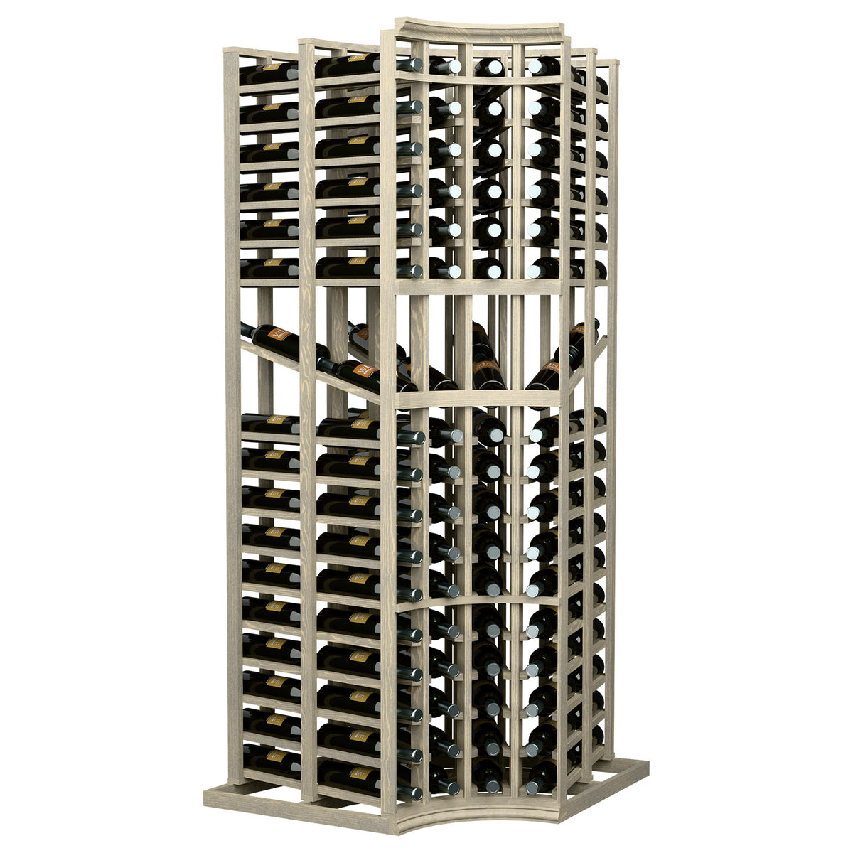 4-column curved corner wine rack with open lattice, light wood, holds bottles