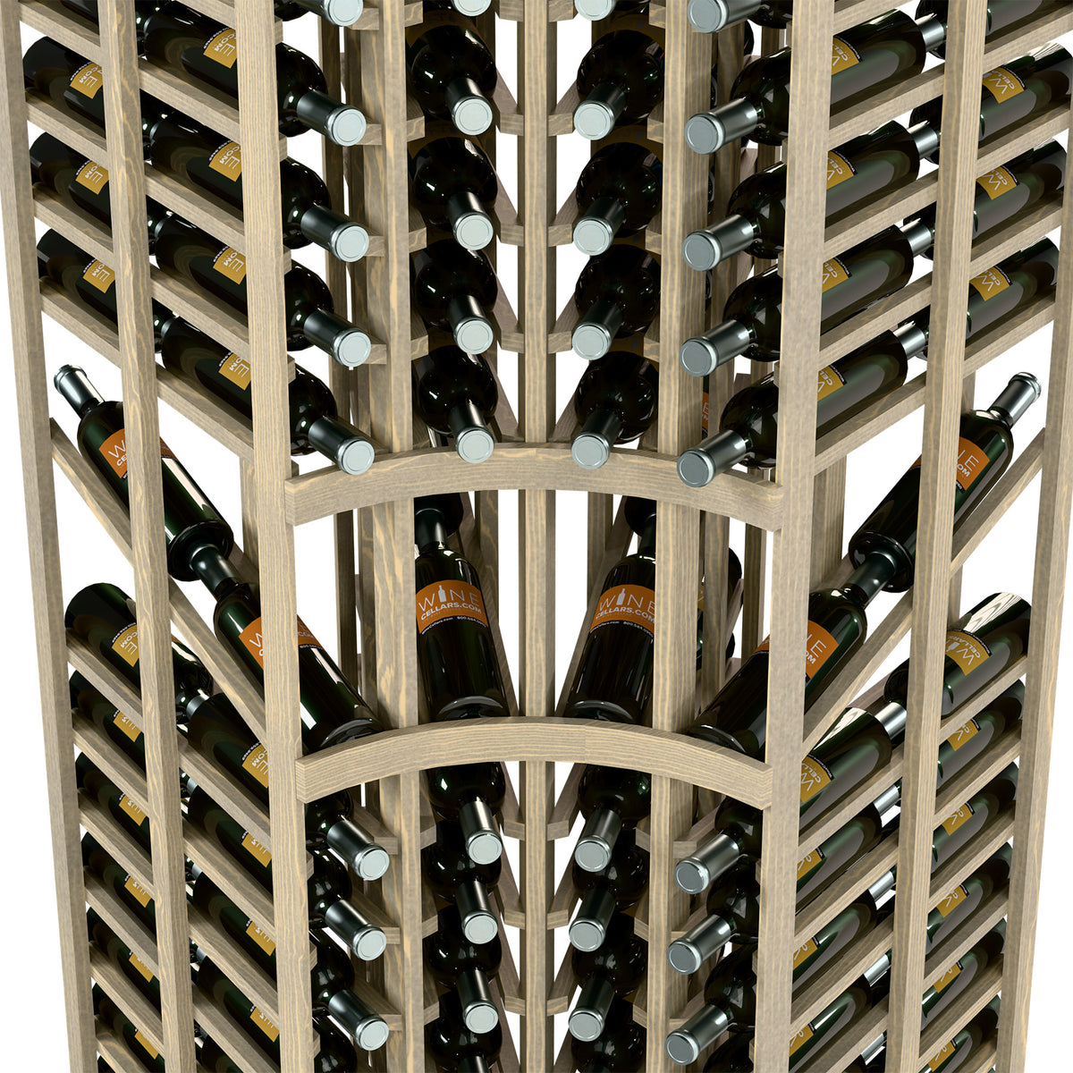 Wine rack interior with bottle slots, dark bottles, open lattice, light wood frame