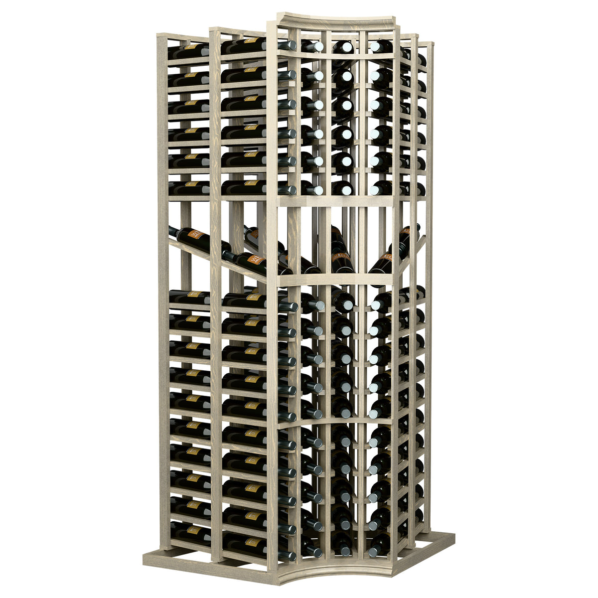Wine display rack with curved corner base, open lattice, light wood, bottle storage