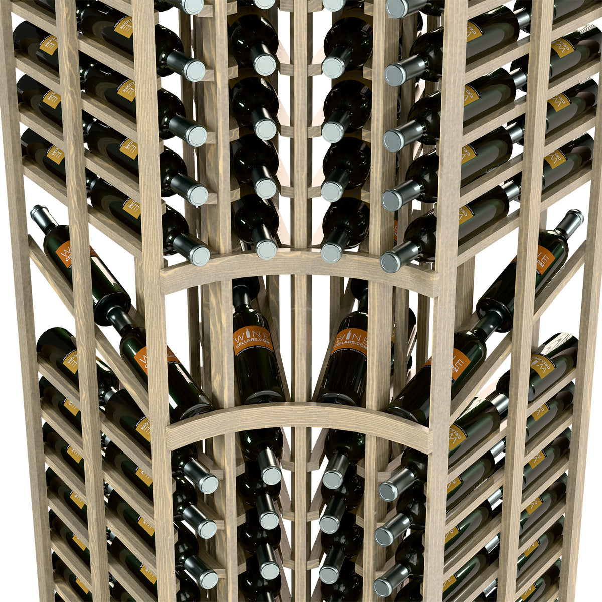 Bottle slots in wine rack with open lattice, dark bottles, light wood frame