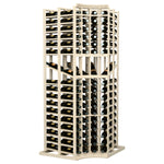 Tall wine display rack with curved corner, open lattice shelves, light wood, bottles