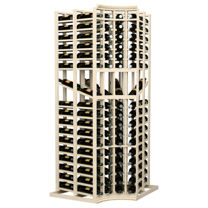 Tall wine display rack with curved corner, open lattice shelves, light wood, bottles
