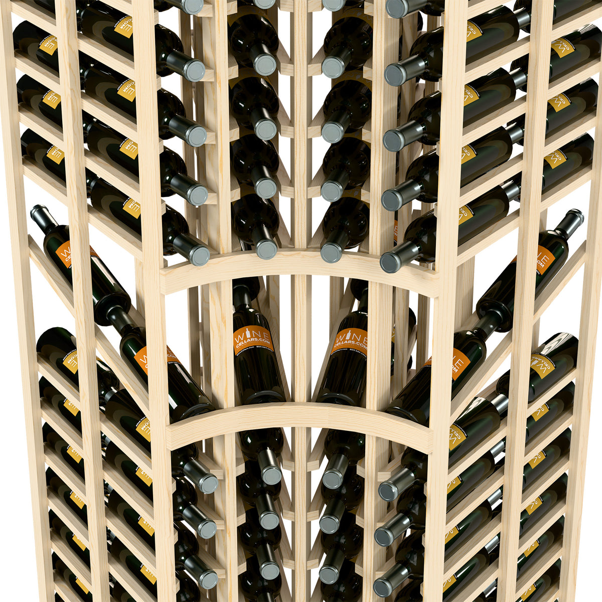 Wine rack interior showing bottles in slots, open lattice, light wood frame