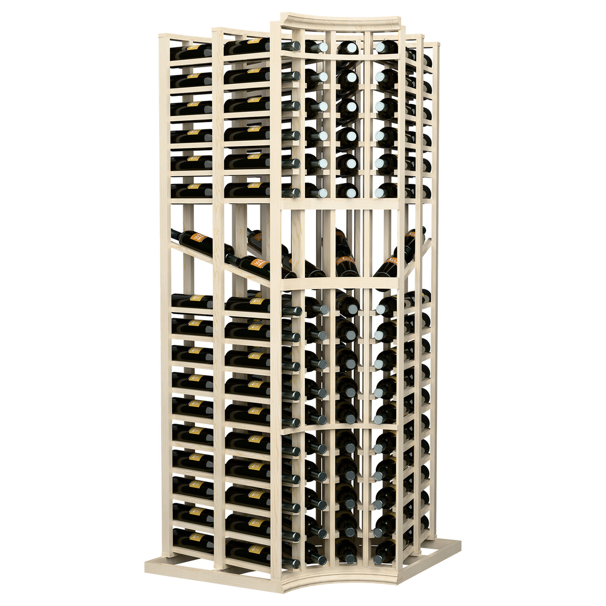 Curved-corner wine rack with open lattice shelves, light wood, upright bottle storage