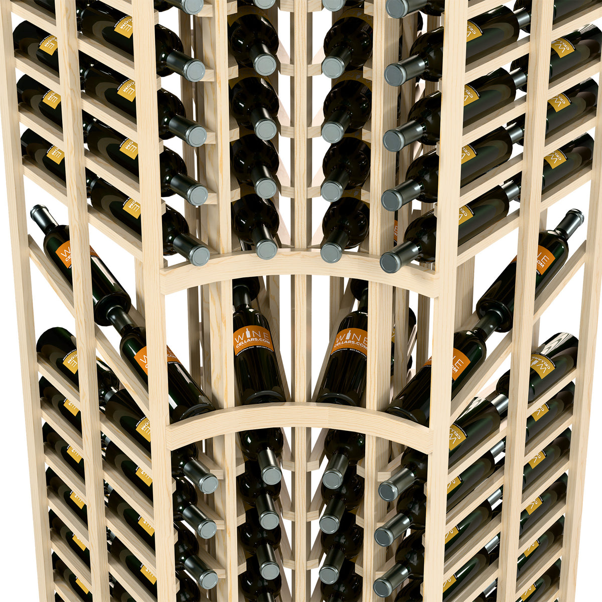 Close-up of bottle slots inside wine rack, open lattice, light wood frame