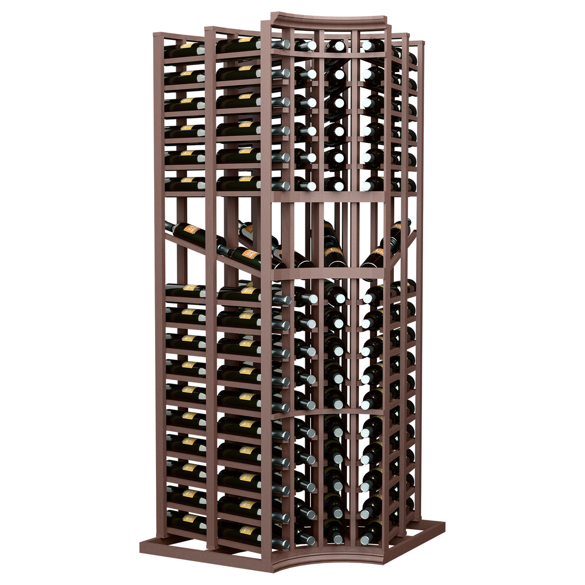 4-column curved corner wine display rack with open lattice, dark wood, bottle storage