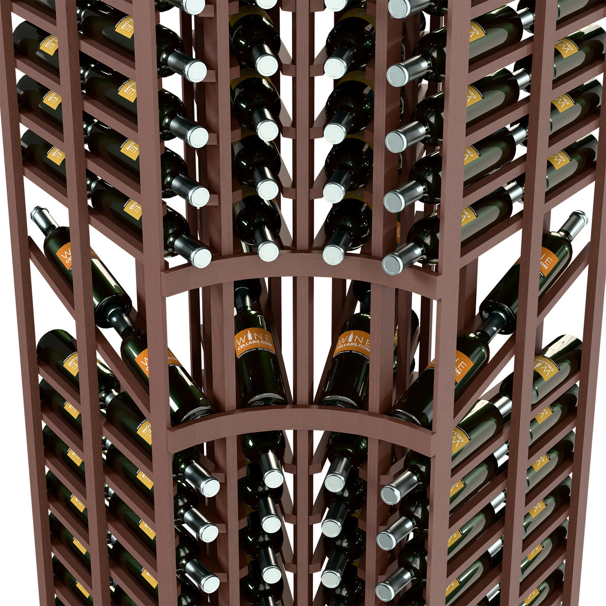 Bottle slots in dark wood wine rack, open lattice frame, bottles standing vertically