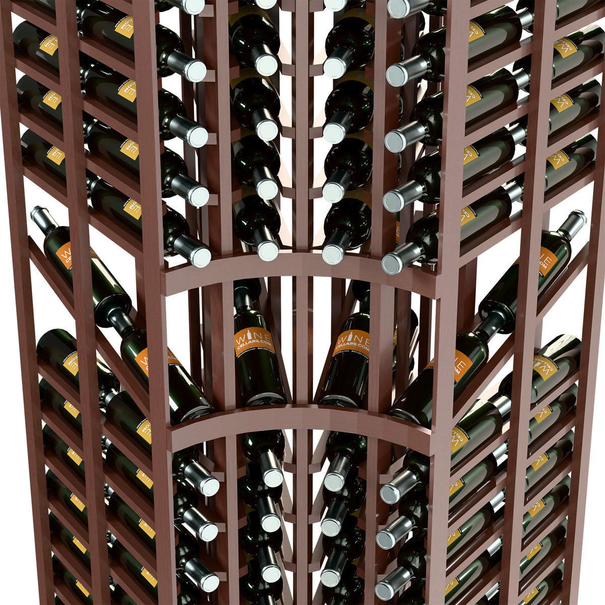 Close-up of wood wine bottle rack rows holding bottles with metal label tabs