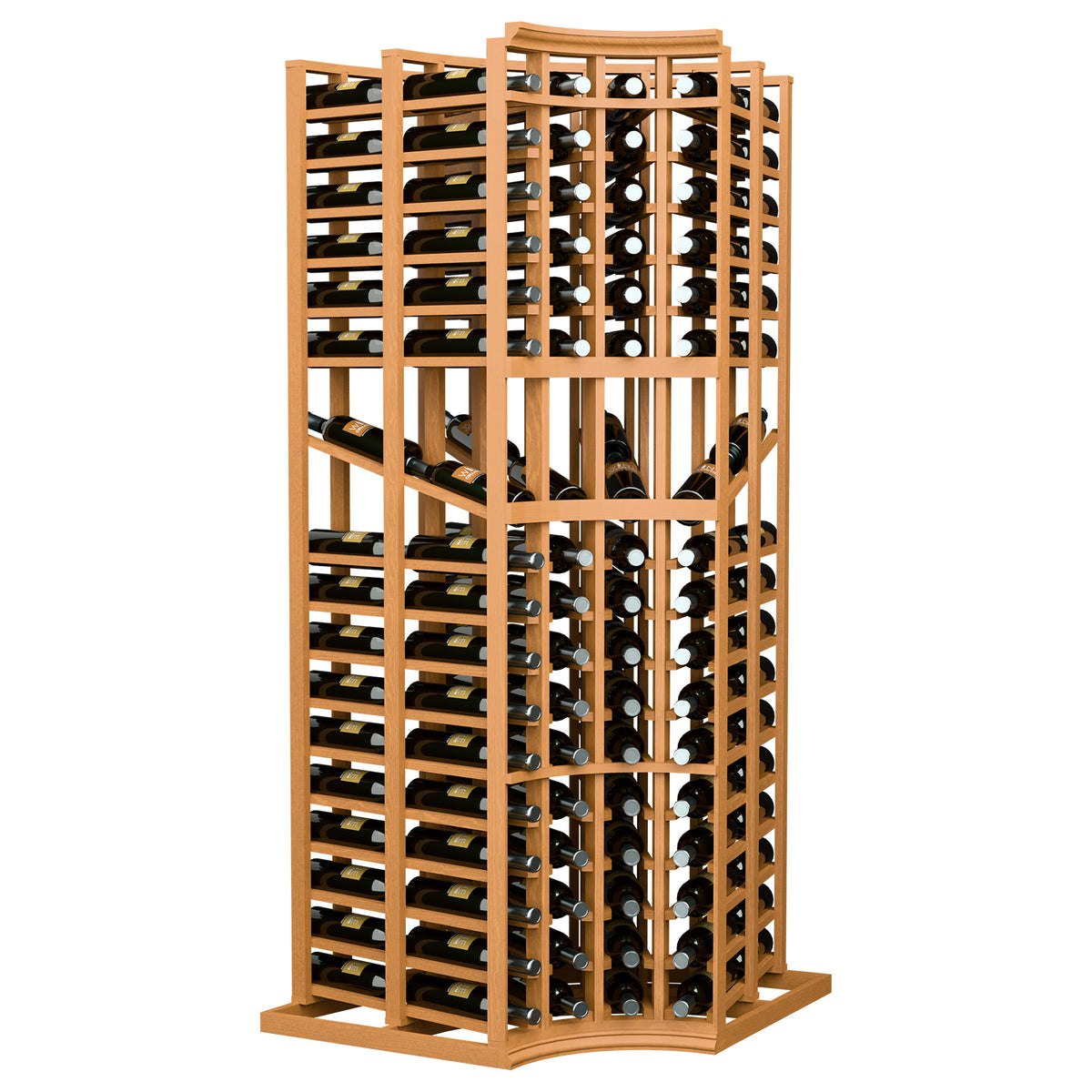 Light wood wine bottle display rack, curved corner, double-deep bottle rows