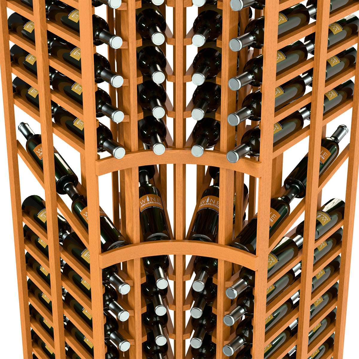 Close-up of light wood wine bottle rack with bottle slots and metal ring accents