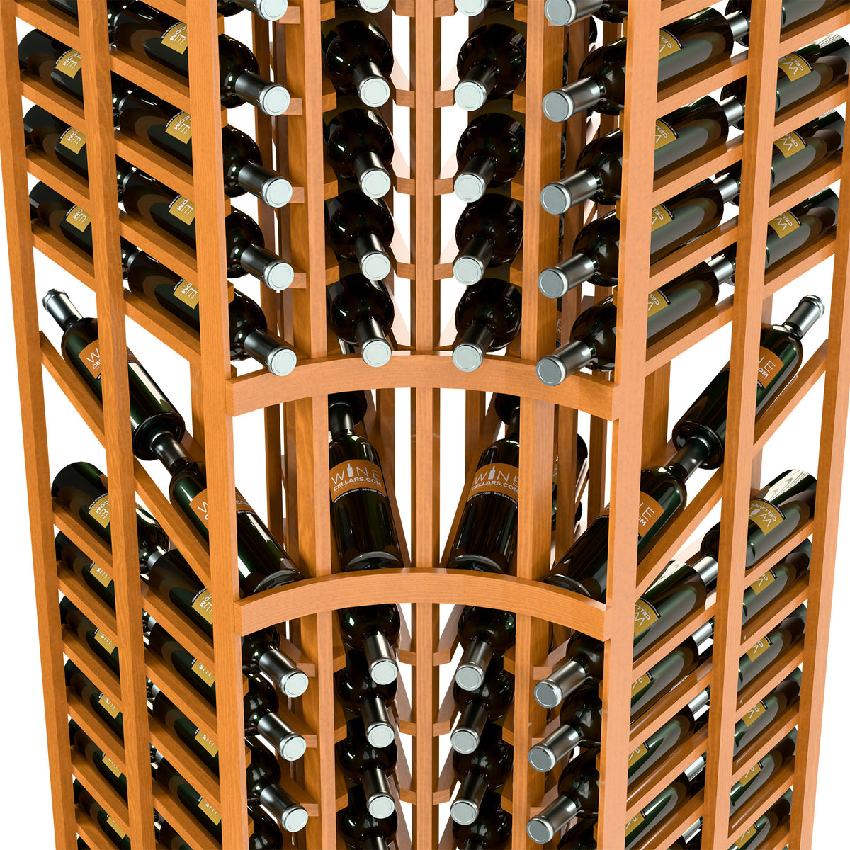 Close-up of wood wine bottle rack with curved base and bottle slots