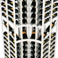 Close-up of white wine bottle rack with bottle rows and metal ring label holders