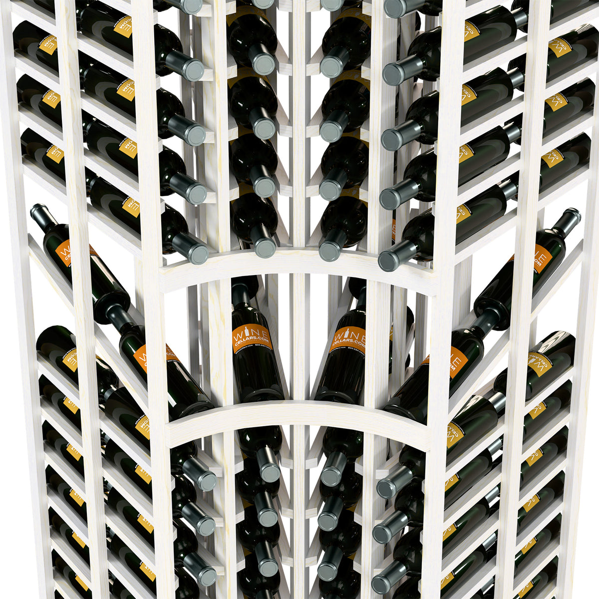 Close-up of white wine bottle rack with bottle rows and metal ring label holders