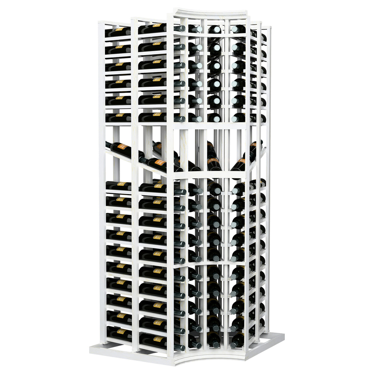 White wine bottle display rack with curved corner and double-deep bottle slots