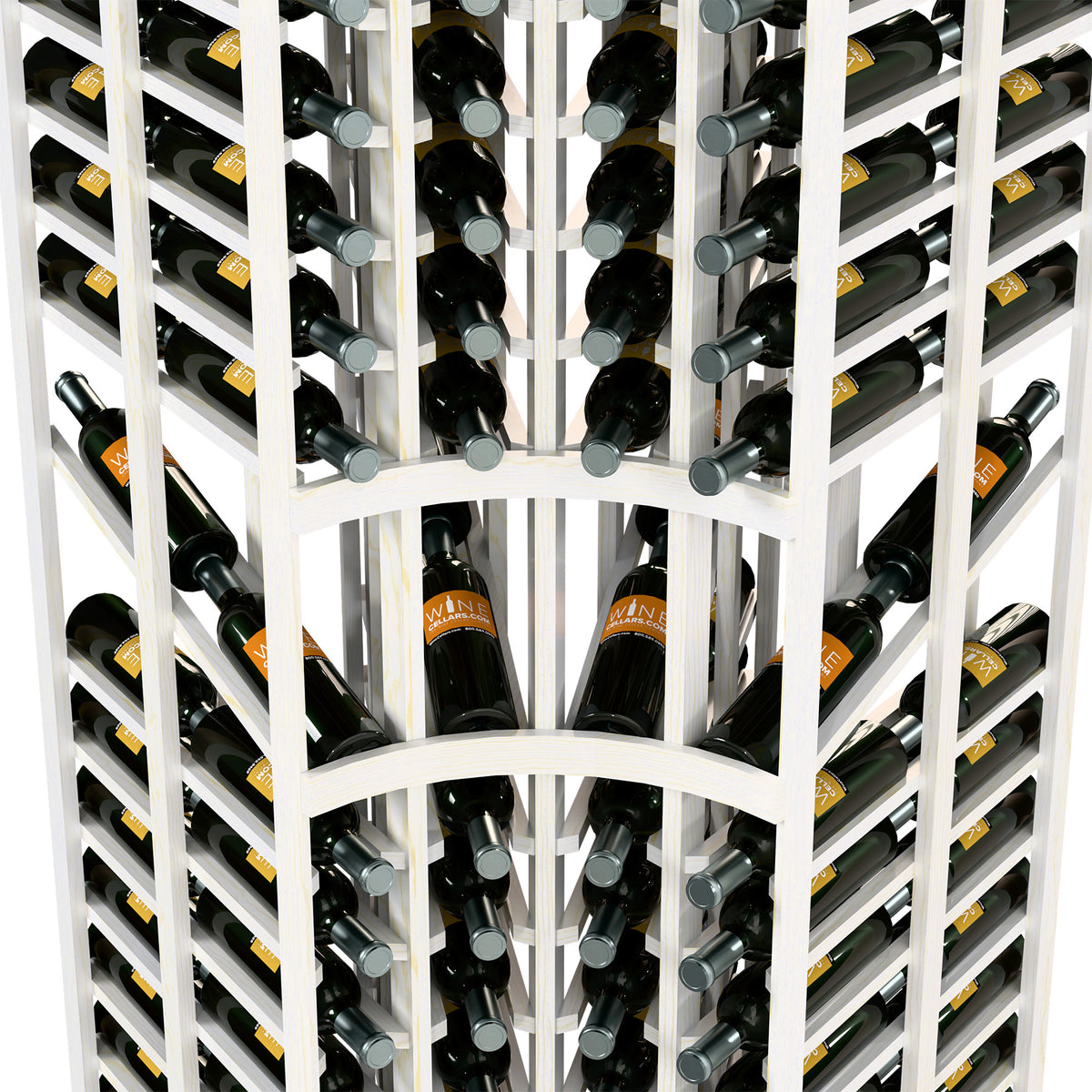 Close-up of white wine bottle rack showing bottle rows and metal ring accents