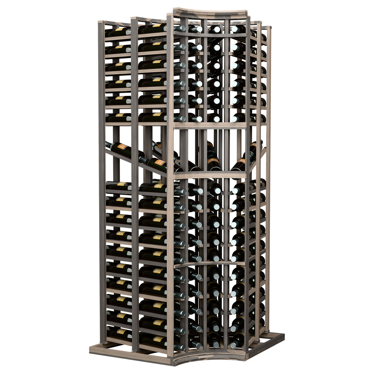 Wine bottle display rack with curved corner double-deep shelves and glass openings