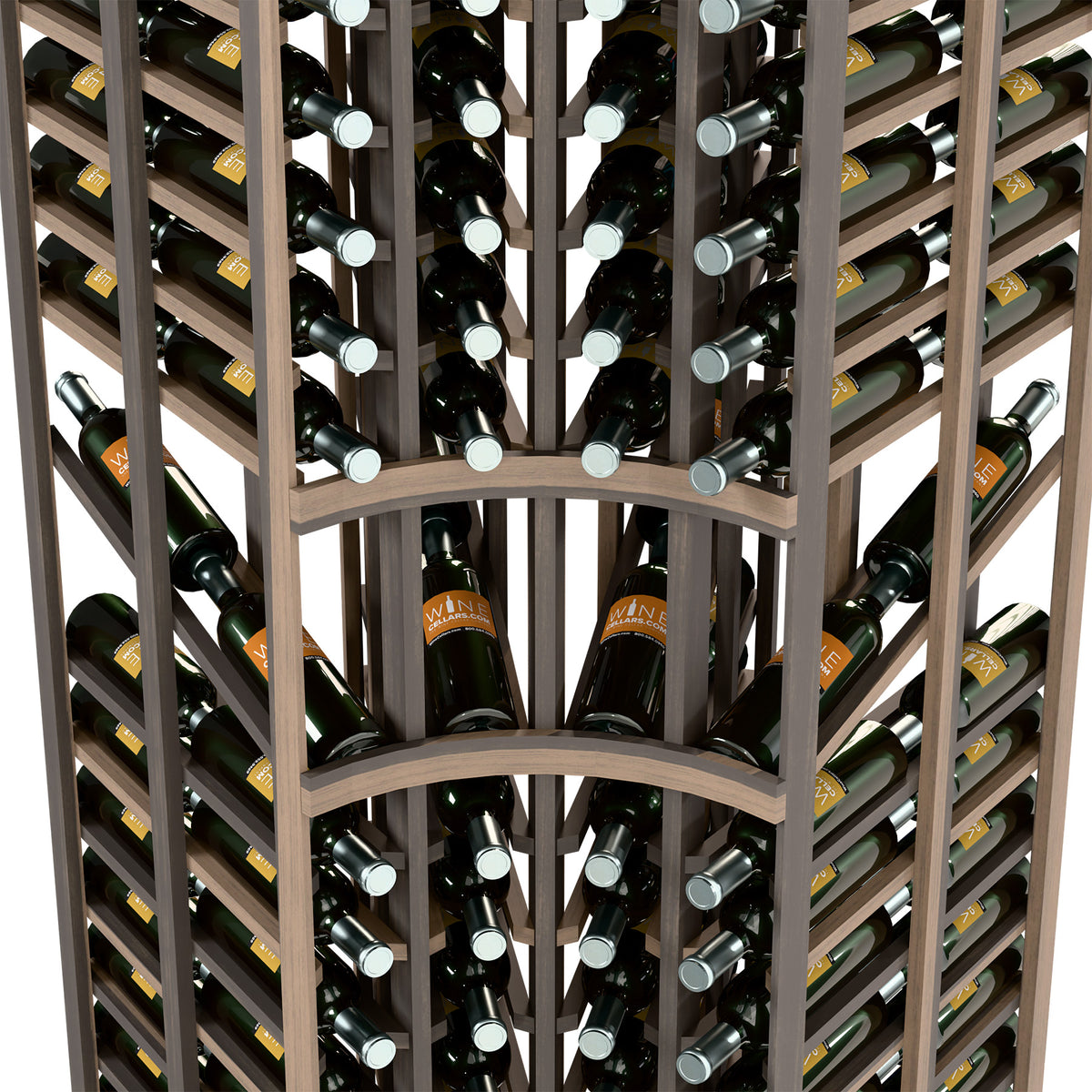 Double-deep wine rack showing bottle rows, metal bottle openings, and curved frame