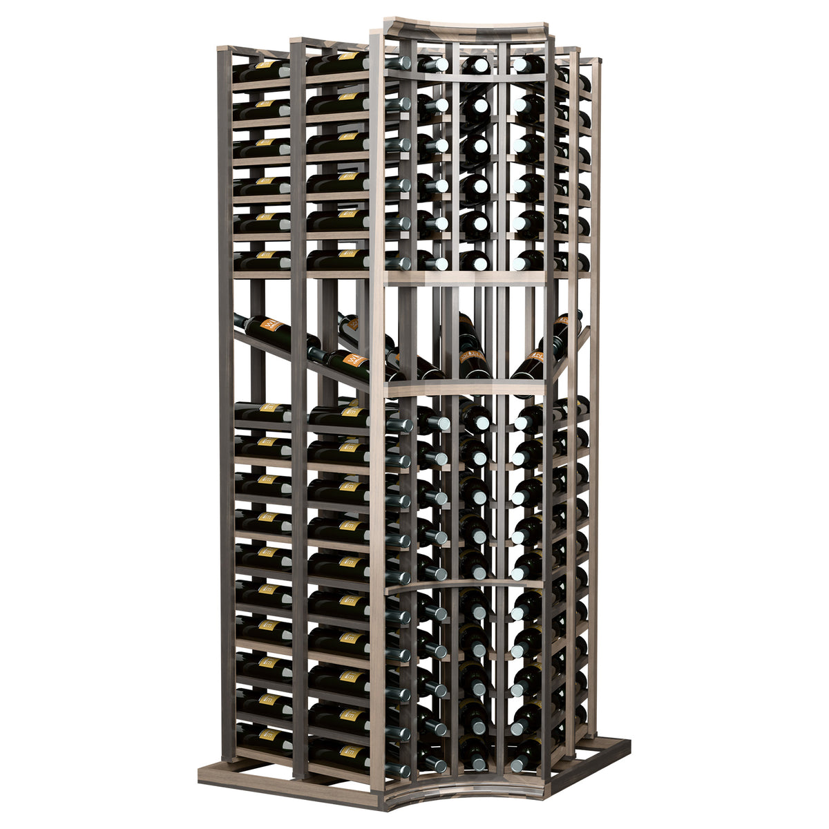 Curved corner double-deep wine display rack with open bottle storage frame