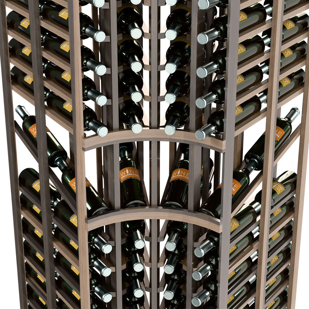 Front view of double-deep wine rack with curved bottom frame and bottle neck openings