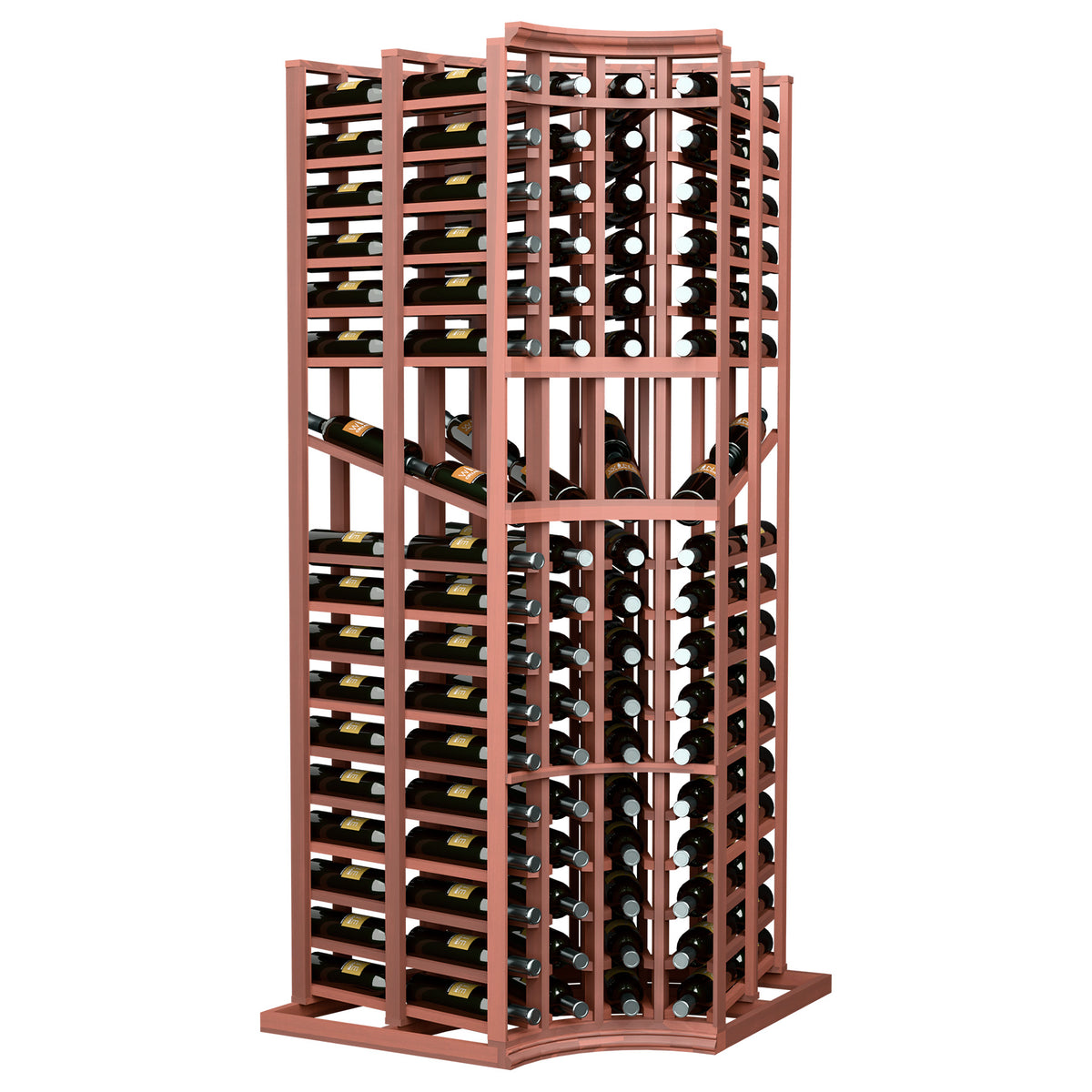 Reddish wood wine bottle display rack with curved corner double-deep shelves