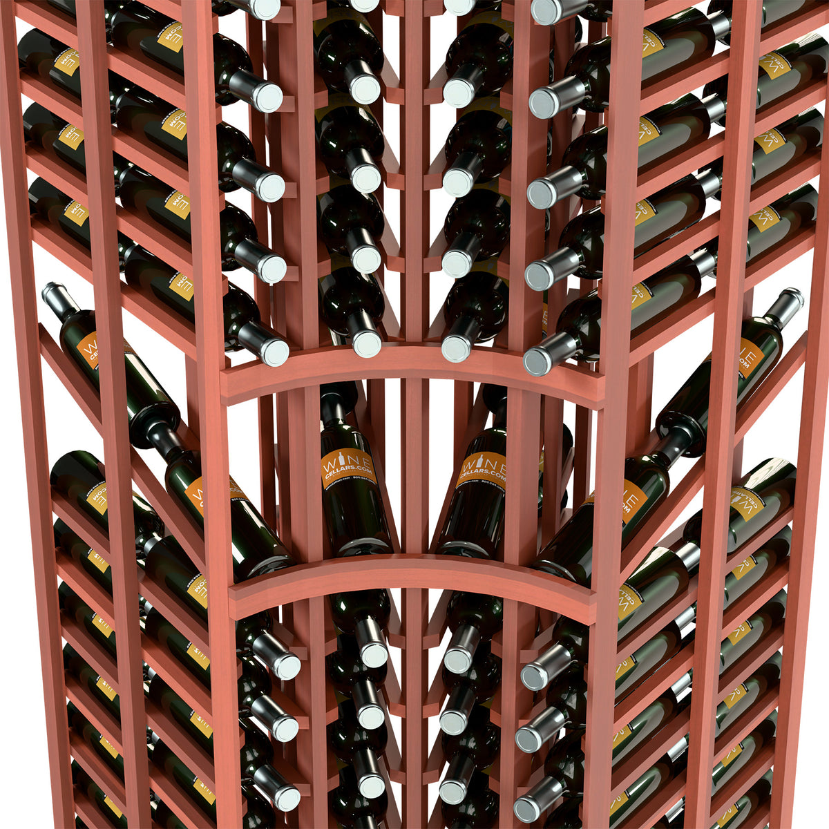 Reddish wine rack close-up showing double-deep bottle rows and curved frame arches