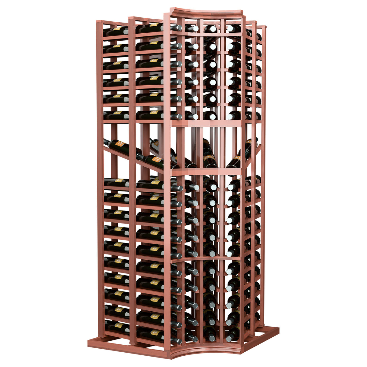 Reddish wood curved corner double-deep wine display rack with open bottle compartments