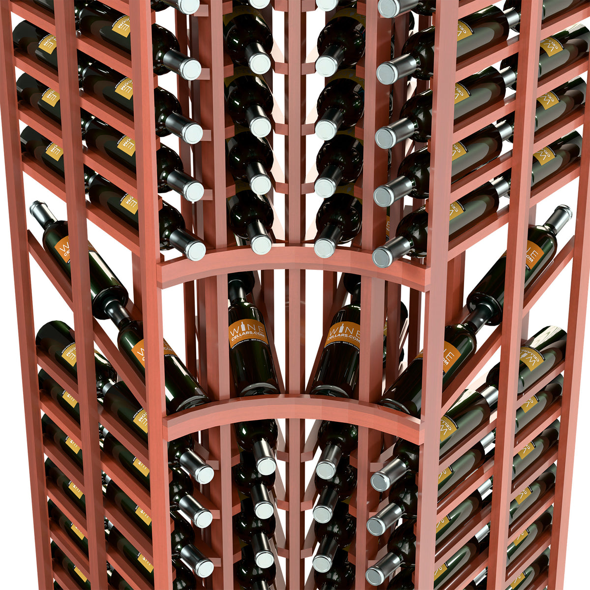 Reddish double-deep wine rack front showing bottle neck openings and curved bottom