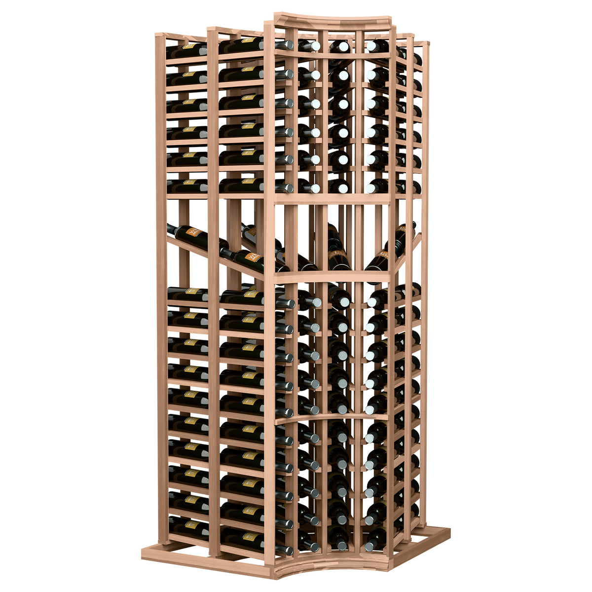 Curved corner double-deep wine display rack with open bottle storage frame
