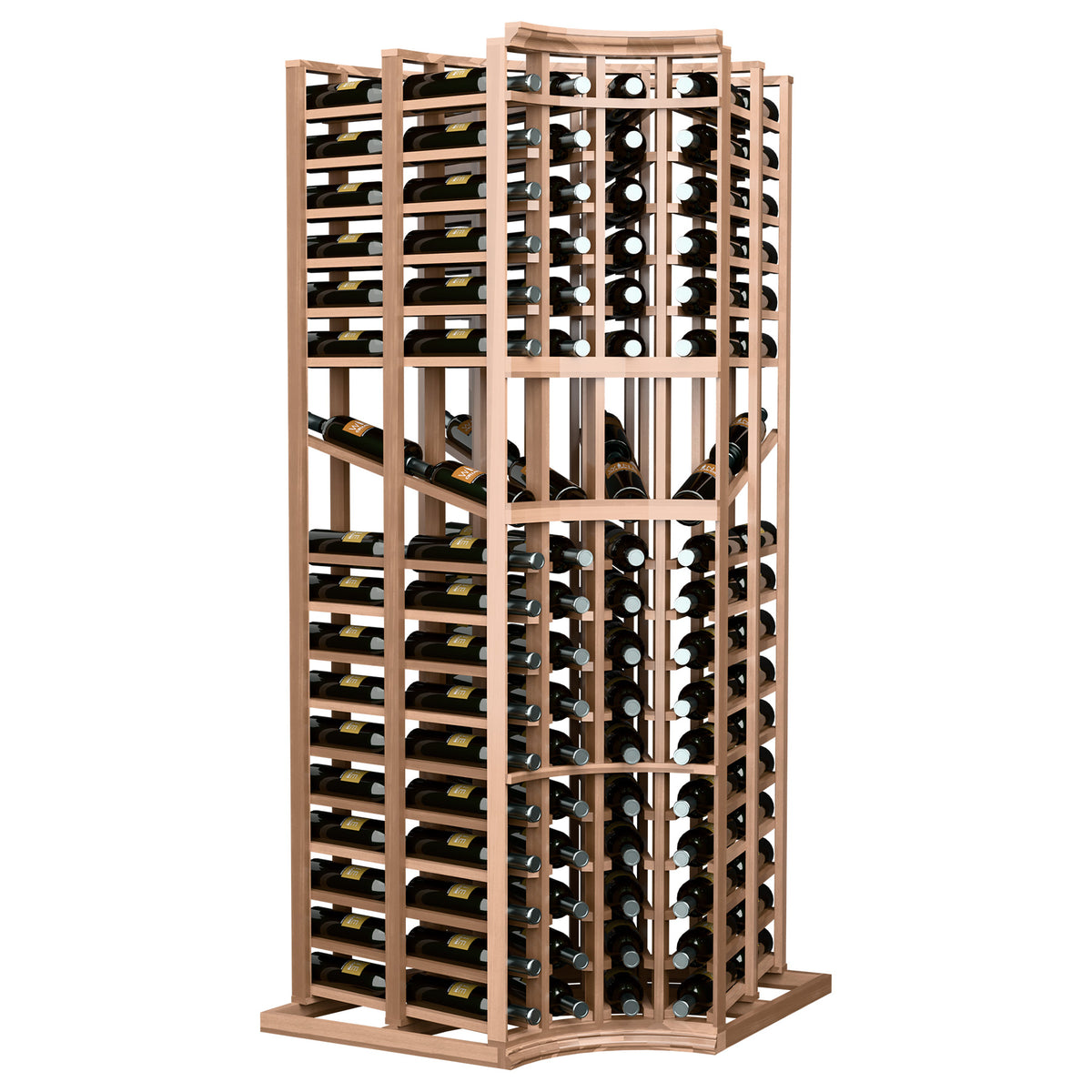 4-column curved corner wine rack, double-deep with bottle slots and horizontal rails
