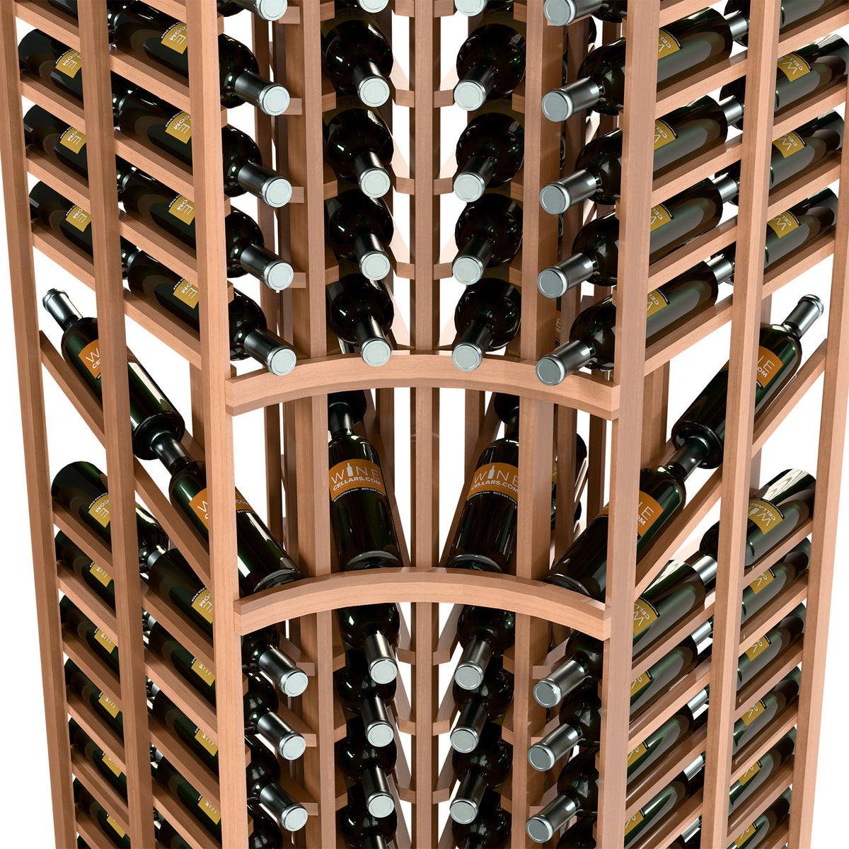 Close-up of double-deep wine rack with bottle neck holders and front bottle rows