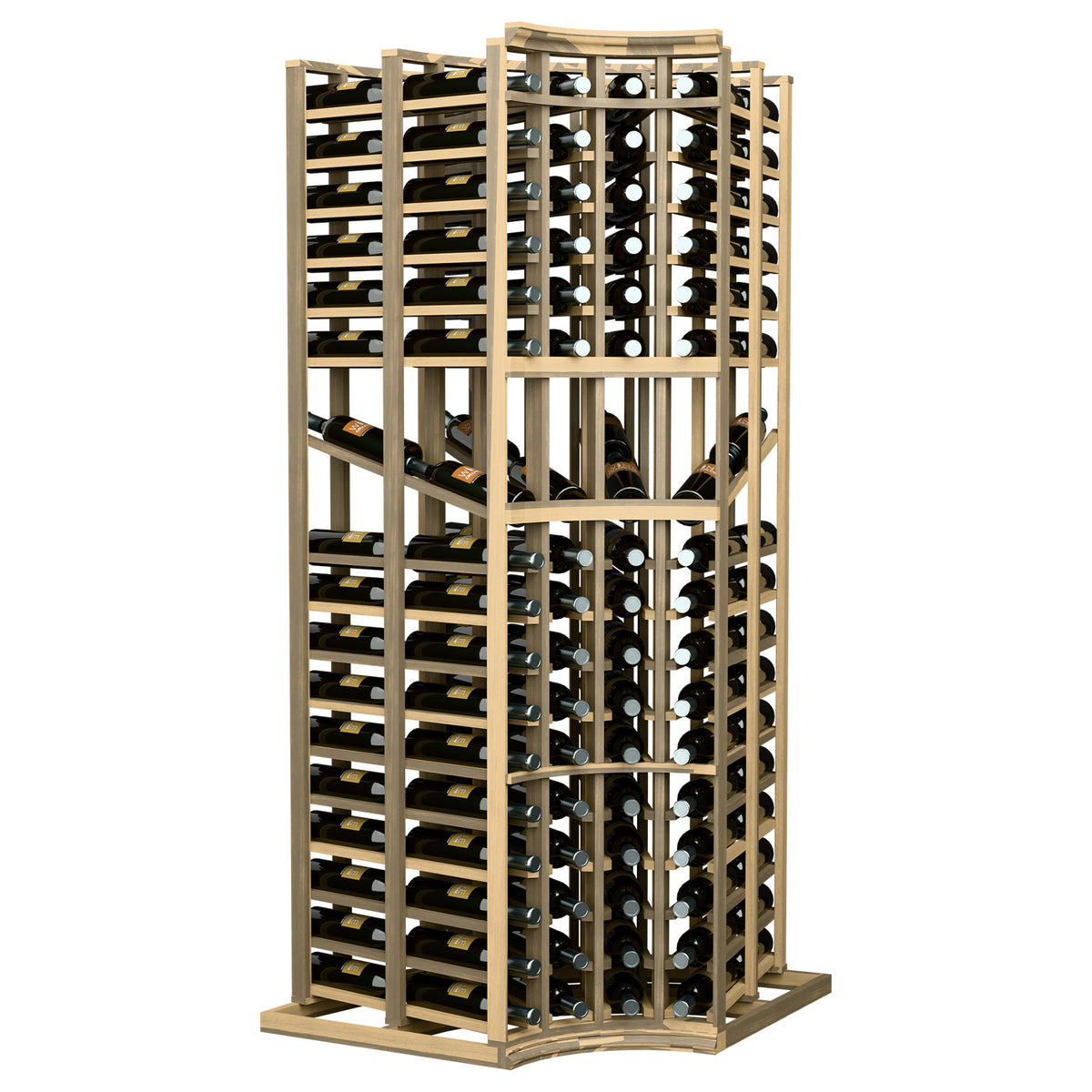 Curved-corner wine display rack with four columns and multiple bottle storage levels
