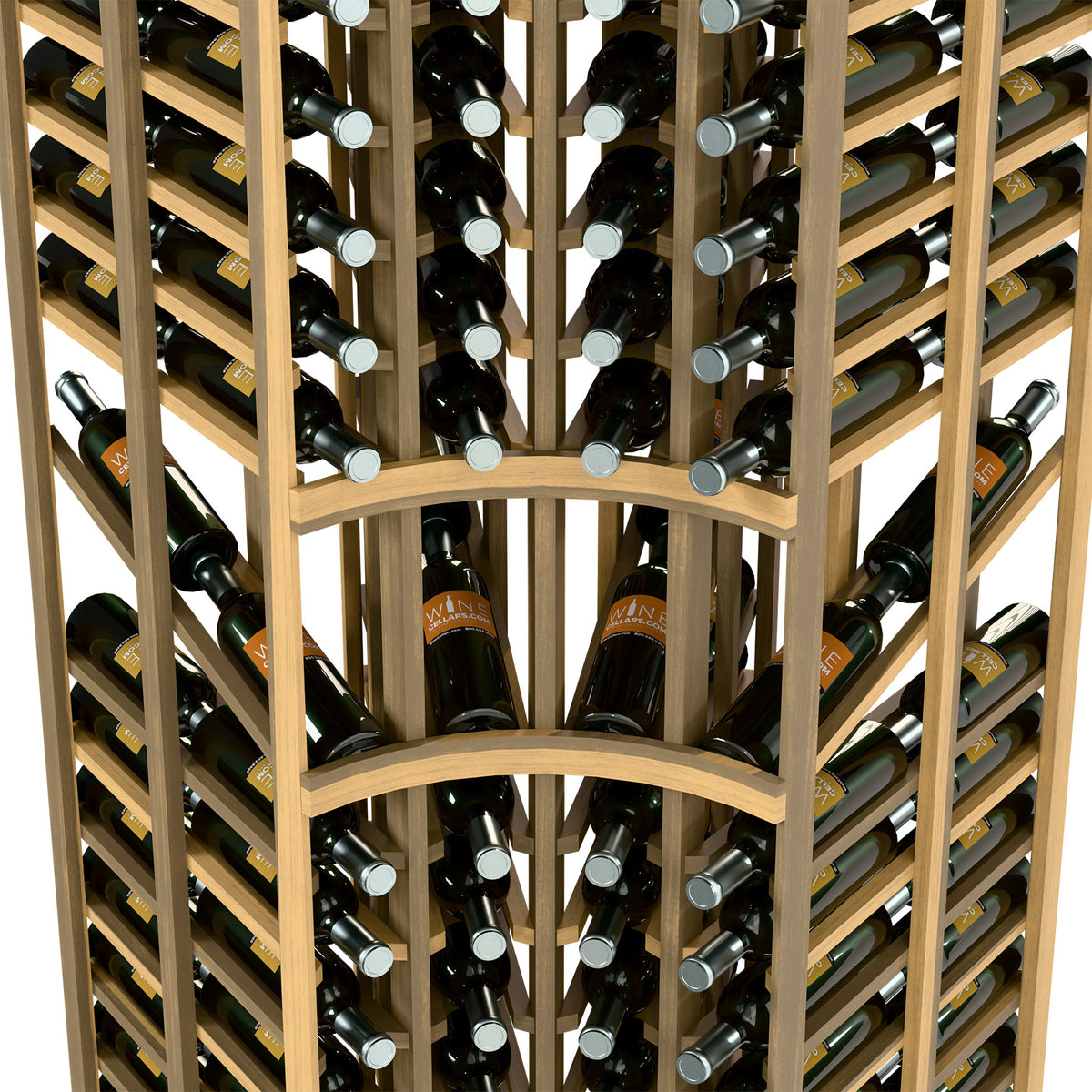 Wine rack interior view showing bottle slots, rows, and curved center divider
