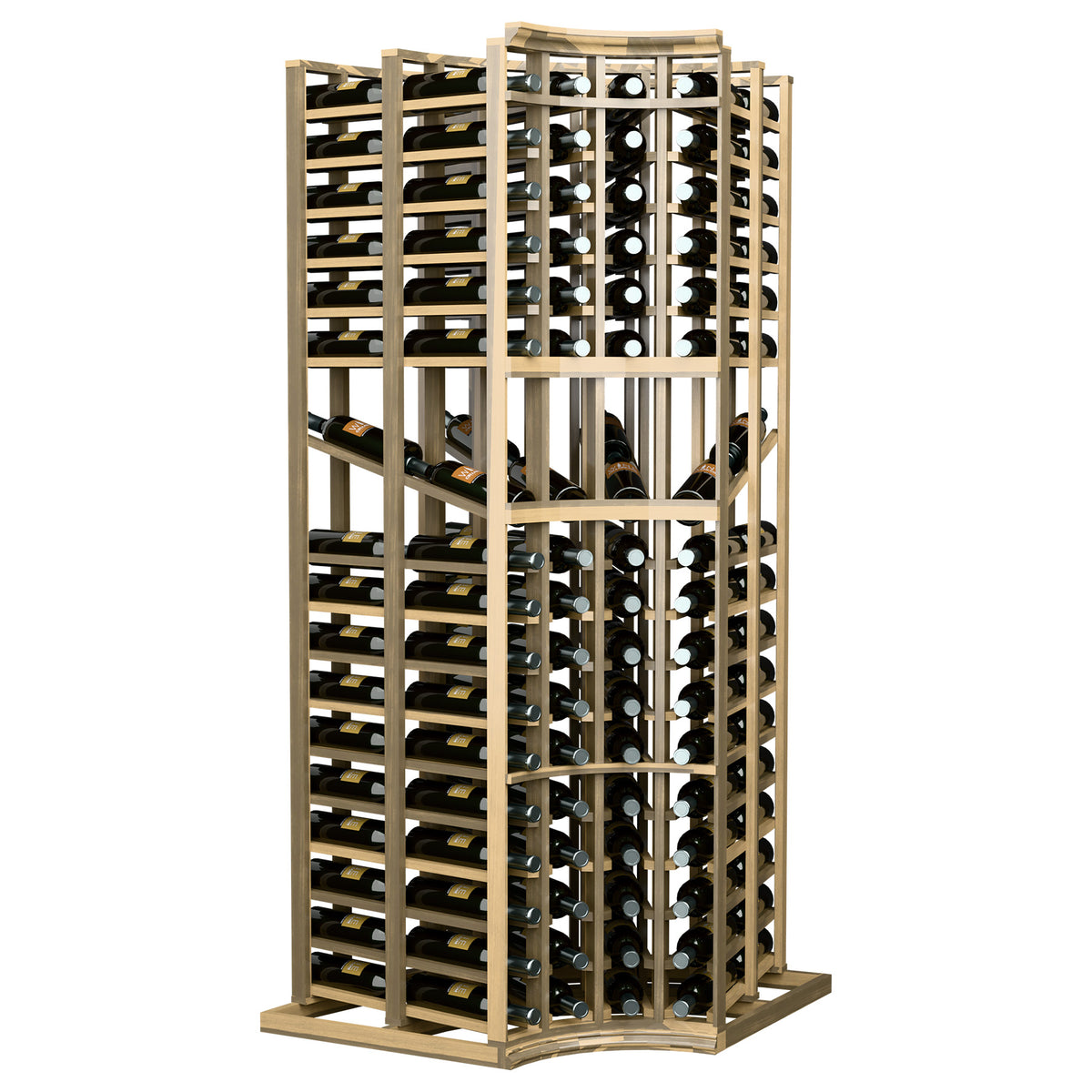 Free-standing curved corner wine rack with four columns and stacked bottle compartments