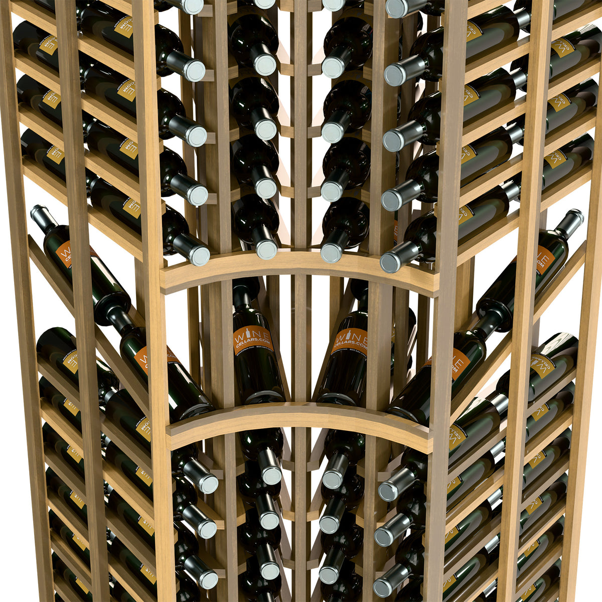 Front view of wine rack with bottle holders, horizontal supports, and curved base