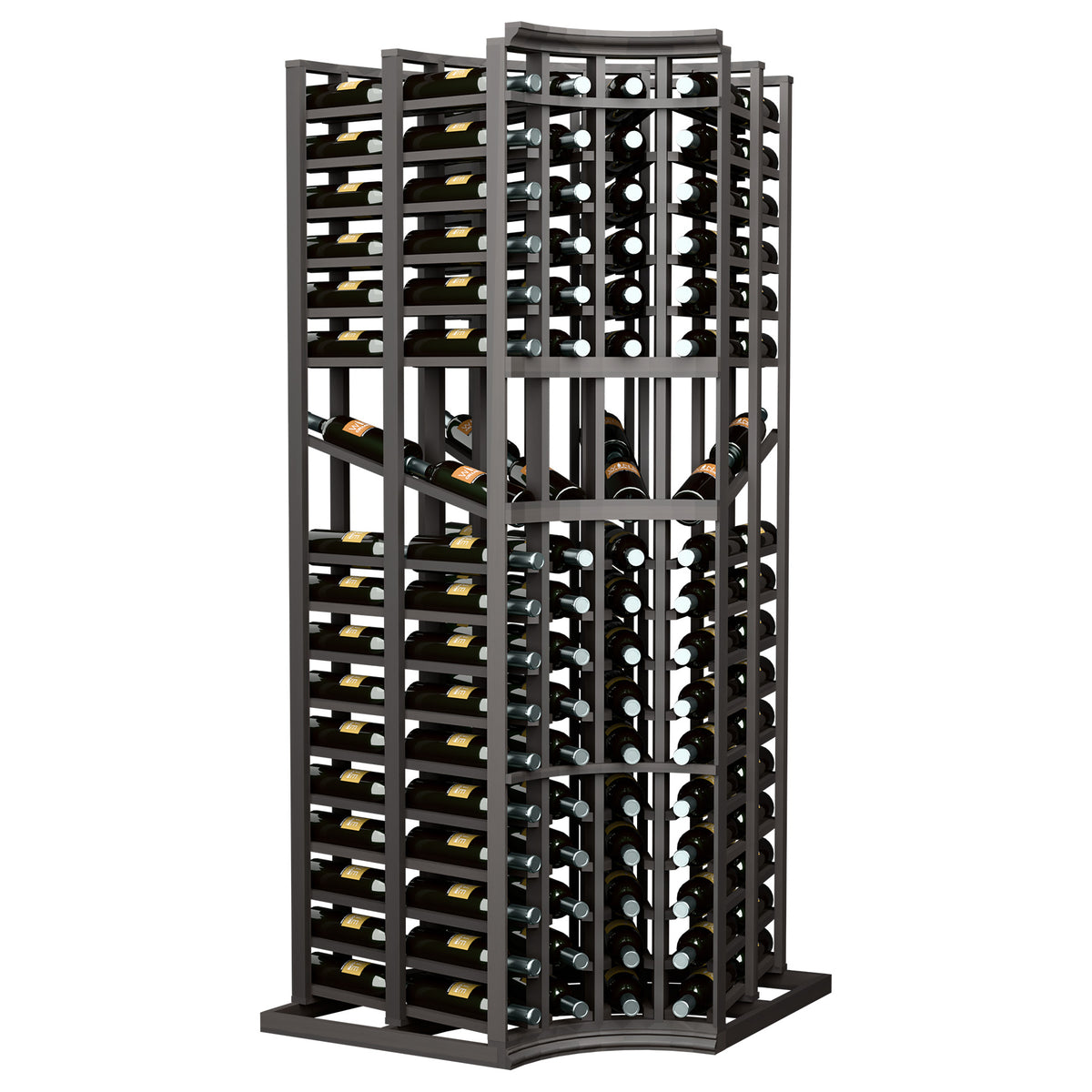 4-column curved corner wine display rack with bottle slots in a dark frame