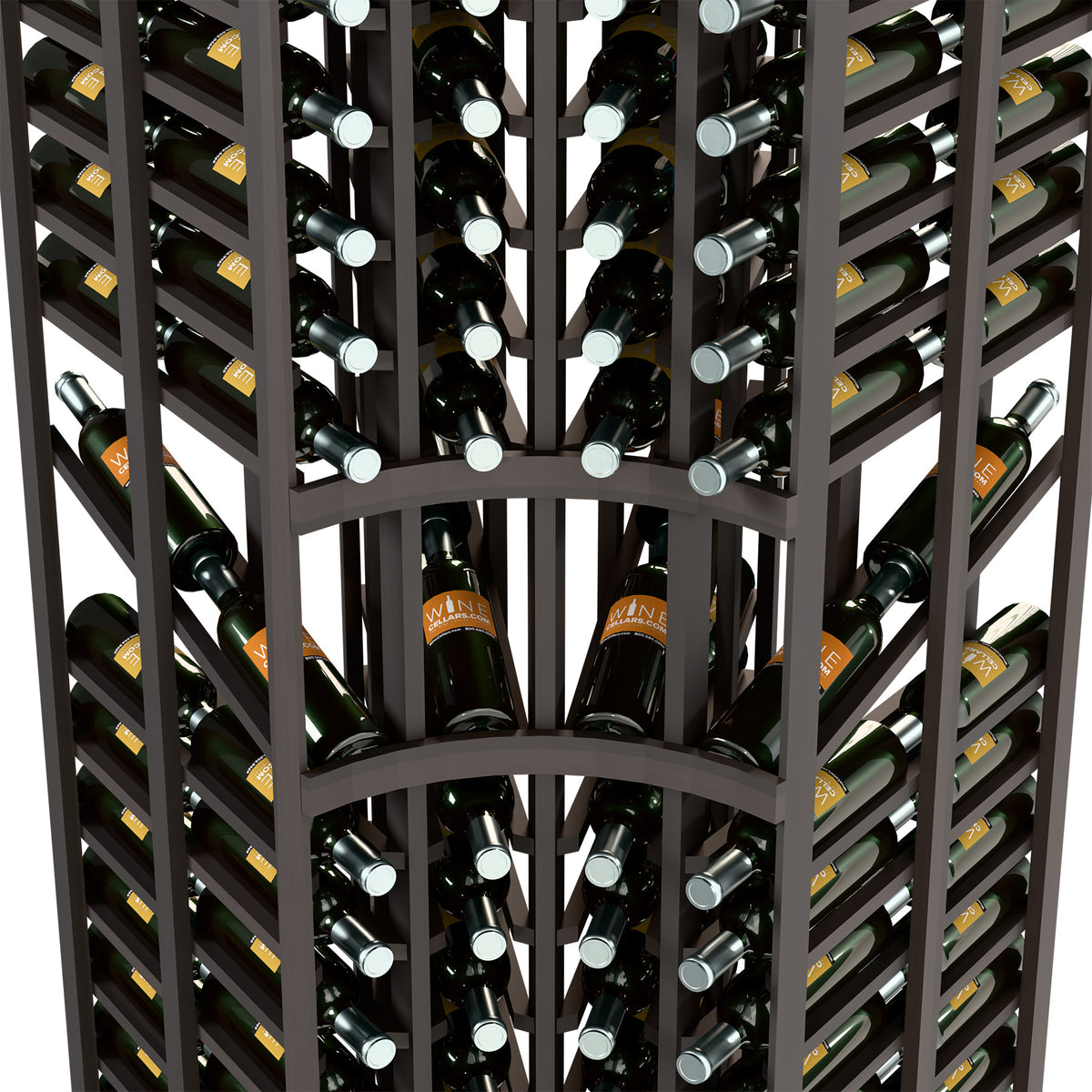 Close-up of dark wine rack interior with bottle slots and curved center opening